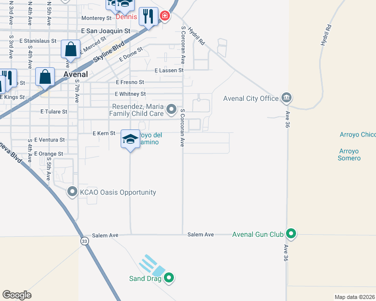 map of restaurants, bars, coffee shops, grocery stores, and more near 1105 East Orange Street in Avenal