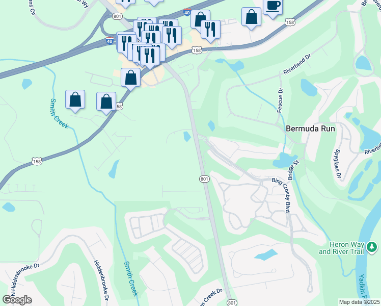 map of restaurants, bars, coffee shops, grocery stores, and more near North Carolina 801 in Advance