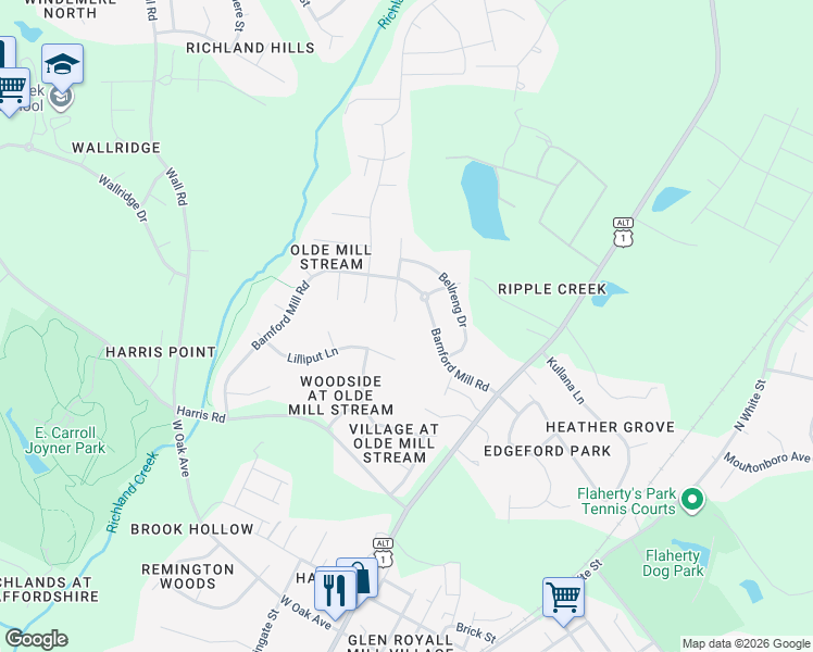 map of restaurants, bars, coffee shops, grocery stores, and more near 404 Ferry Court in Wake Forest