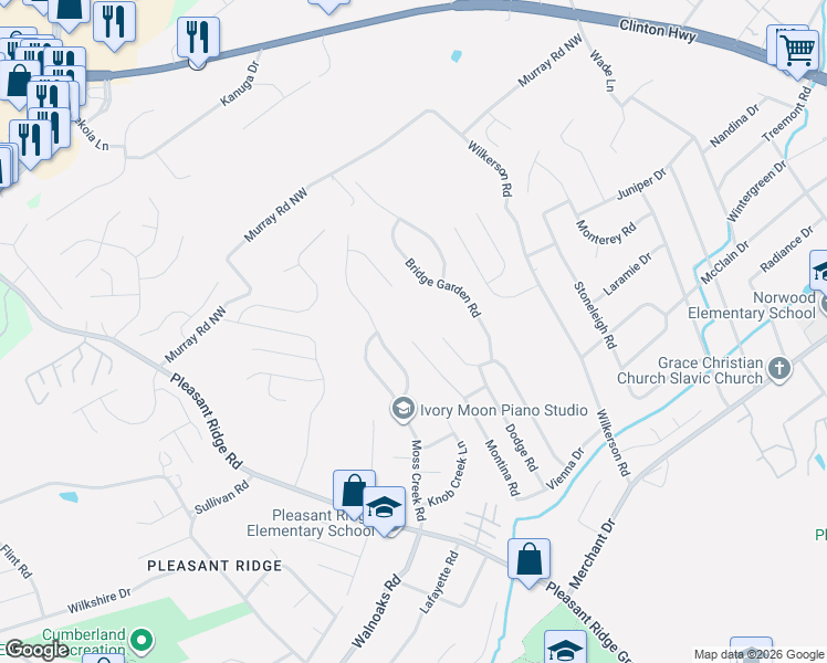 map of restaurants, bars, coffee shops, grocery stores, and more near 5935 Montina Road in Knoxville