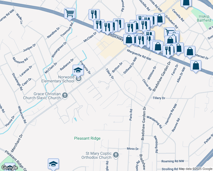 map of restaurants, bars, coffee shops, grocery stores, and more near 5253 Tillery Drive in Knoxville