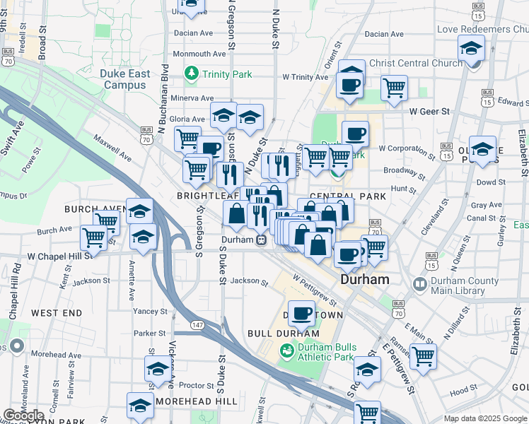 map of restaurants, bars, coffee shops, grocery stores, and more near 610 West Main Street in Durham