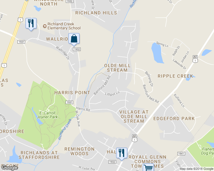 map of restaurants, bars, coffee shops, grocery stores, and more near 1010 Barnford Mill Road in Wake Forest