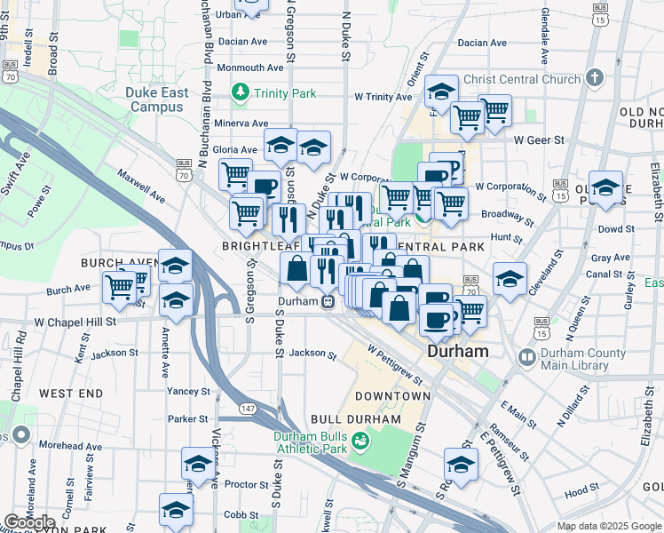 map of restaurants, bars, coffee shops, grocery stores, and more near 610 West Main Street in Durham