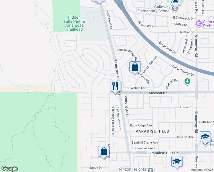 map of restaurants, bars, coffee shops, grocery stores, and more near 12 Pangloss Street in Henderson