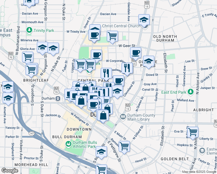 map of restaurants, bars, coffee shops, grocery stores, and more near 116 West Seminary Avenue in Durham