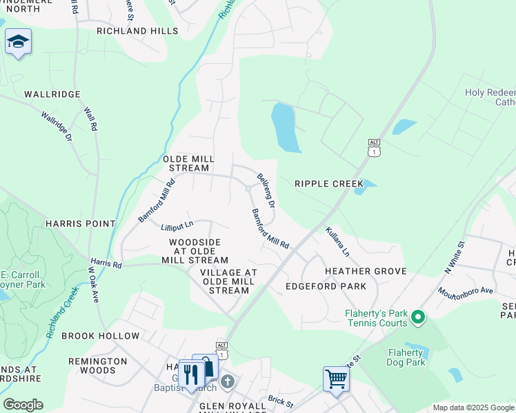 map of restaurants, bars, coffee shops, grocery stores, and more near 1221 Barnford Mill Road in Wake Forest