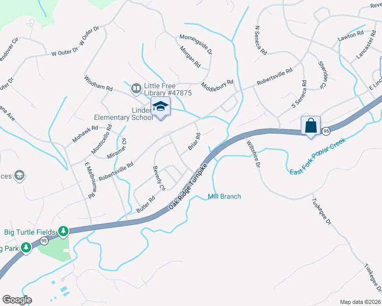 map of restaurants, bars, coffee shops, grocery stores, and more near 108 Bermuda Road in Oak Ridge