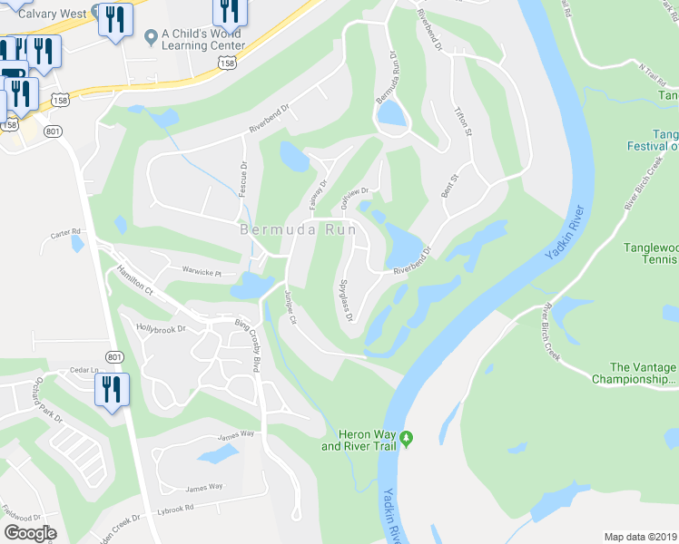 map of restaurants, bars, coffee shops, grocery stores, and more near 162 Spyglass Drive in Advance