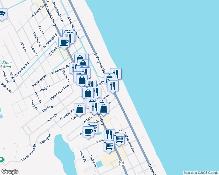 map of restaurants, bars, coffee shops, grocery stores, and more near 1710 South Virginia Dare Trail in Kill Devil Hills
