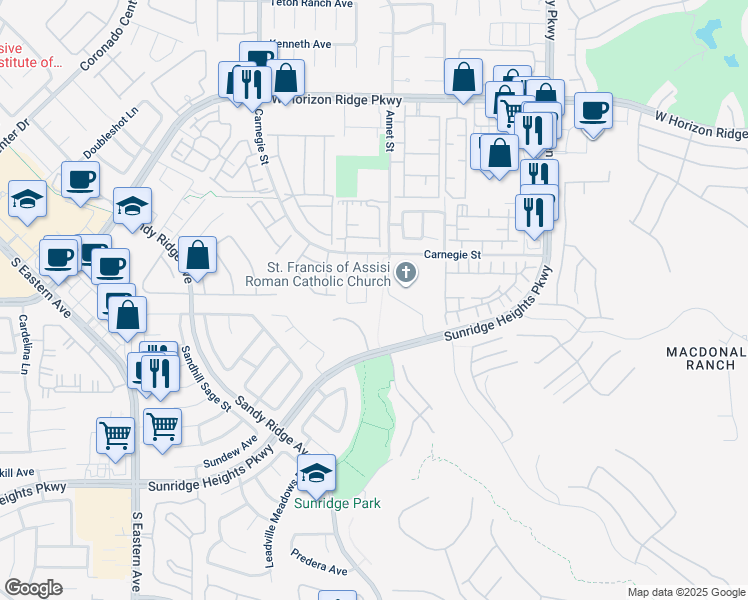map of restaurants, bars, coffee shops, grocery stores, and more near 792 Valley Rise Drive in Henderson