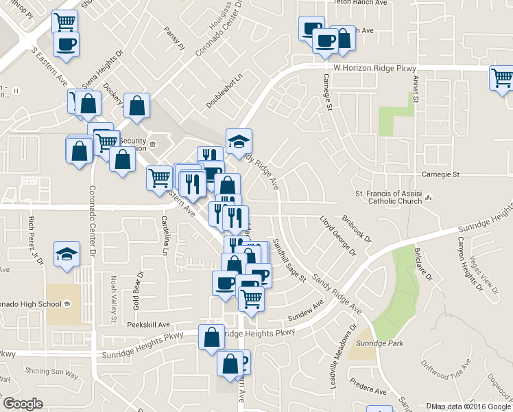 map of restaurants, bars, coffee shops, grocery stores, and more near 2588 Mizzoni Circle in Henderson