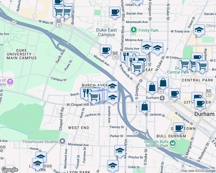 map of restaurants, bars, coffee shops, grocery stores, and more near 408 South Buchanan Boulevard in Durham