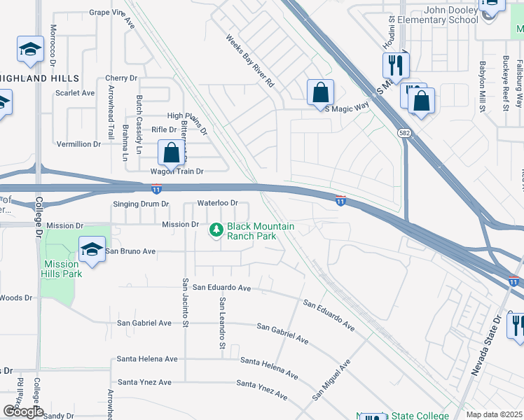 map of restaurants, bars, coffee shops, grocery stores, and more near Mission Drive in Henderson