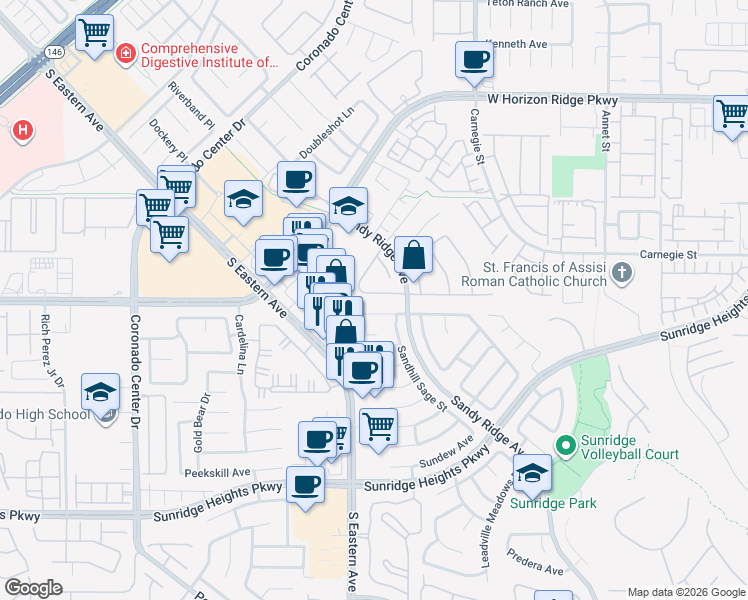 map of restaurants, bars, coffee shops, grocery stores, and more near 2588 Mizzoni Circle in Henderson