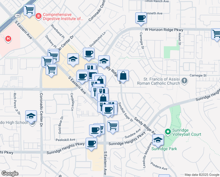 map of restaurants, bars, coffee shops, grocery stores, and more near 2574 Anchorgate Drive in Henderson