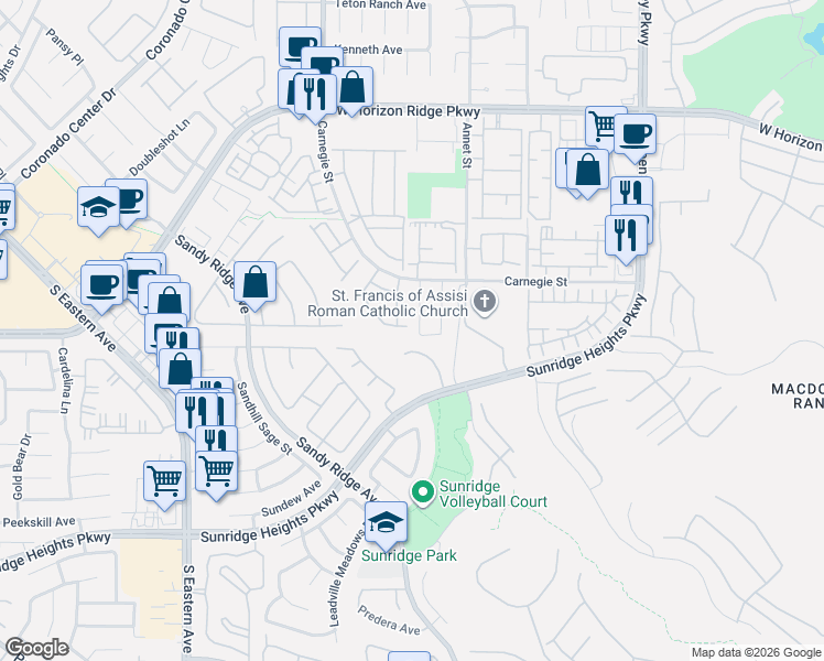 map of restaurants, bars, coffee shops, grocery stores, and more near 791 Rise Canyon Drive in Henderson
