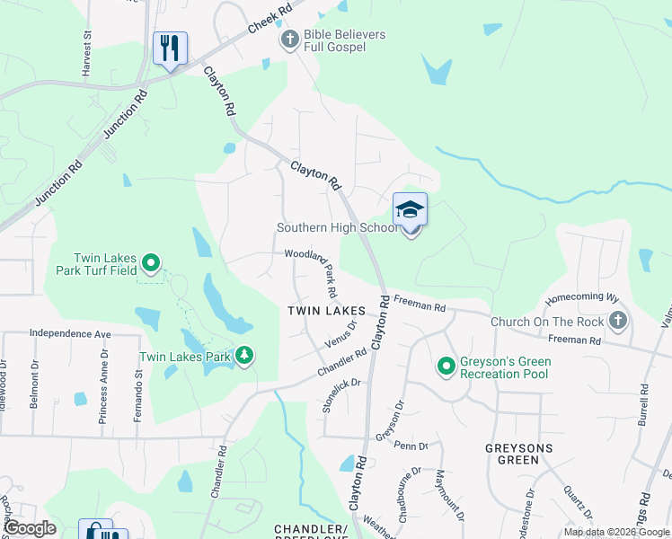 map of restaurants, bars, coffee shops, grocery stores, and more near 3319 Woodland Park Road in Durham