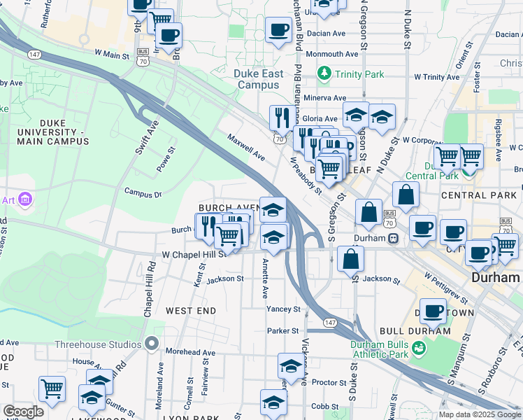 map of restaurants, bars, coffee shops, grocery stores, and more near 408 South Buchanan Boulevard in Durham