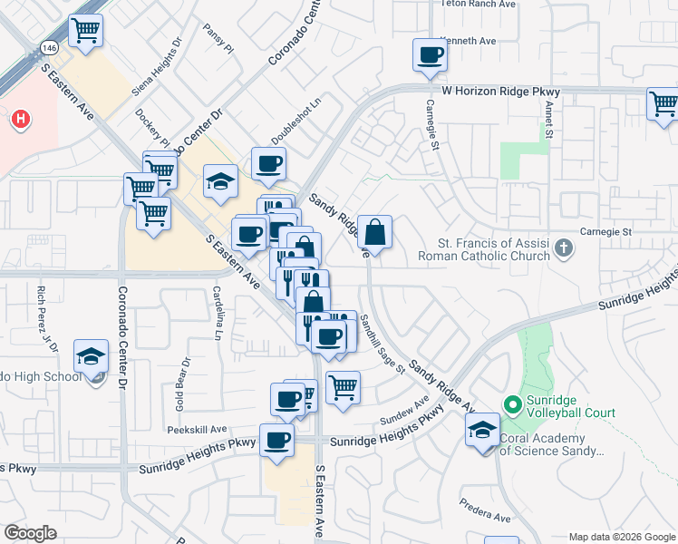 map of restaurants, bars, coffee shops, grocery stores, and more near 2588 Mizzoni Circle in Henderson