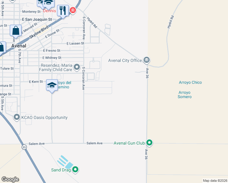 map of restaurants, bars, coffee shops, grocery stores, and more near 929 Grangeville Avenue in Avenal