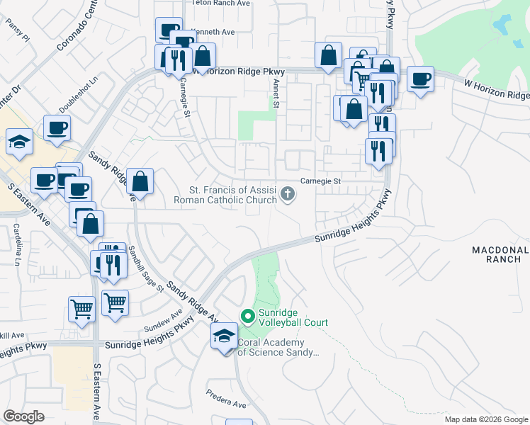 map of restaurants, bars, coffee shops, grocery stores, and more near 796 Valley Rise Drive in Henderson
