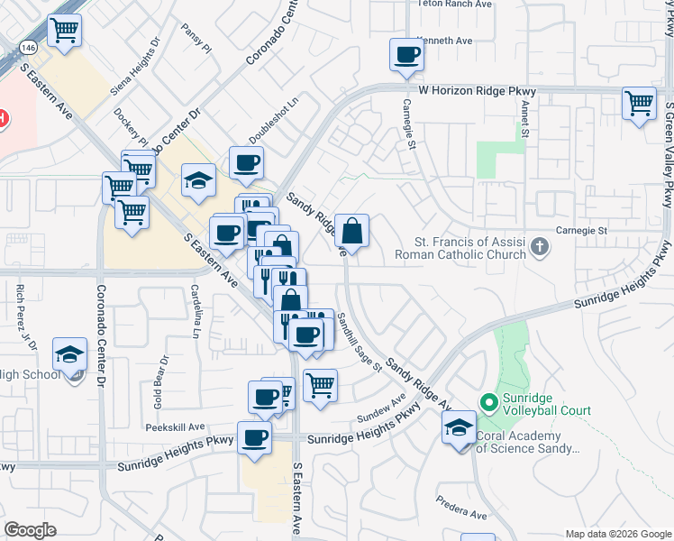 map of restaurants, bars, coffee shops, grocery stores, and more near 2574 Anchorgate Drive in Henderson