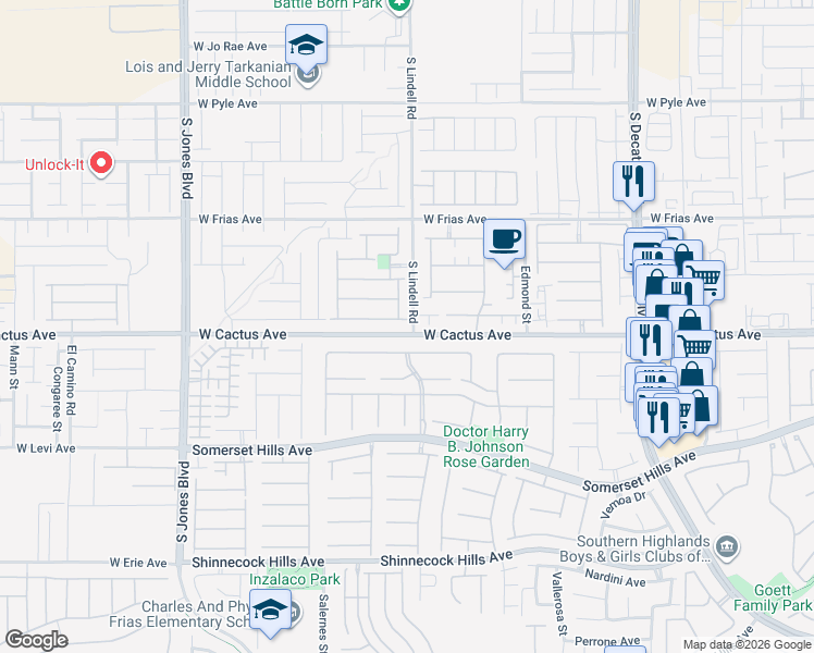 map of restaurants, bars, coffee shops, grocery stores, and more near 5507 Jelsma Avenue in Las Vegas