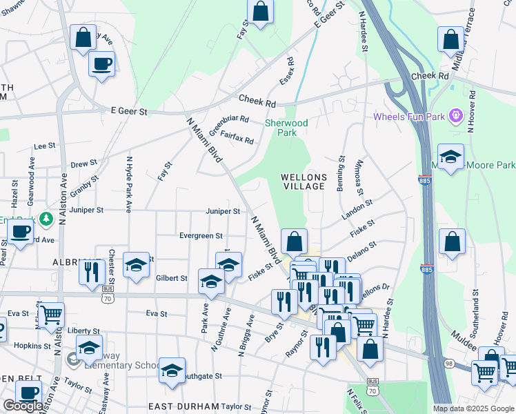 map of restaurants, bars, coffee shops, grocery stores, and more near 1606 Juniper Street in Durham
