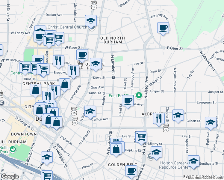 map of restaurants, bars, coffee shops, grocery stores, and more near 508 Canal Street in Durham