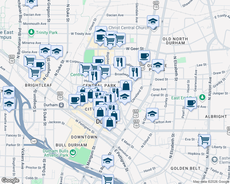 map of restaurants, bars, coffee shops, grocery stores, and more near in Durham
