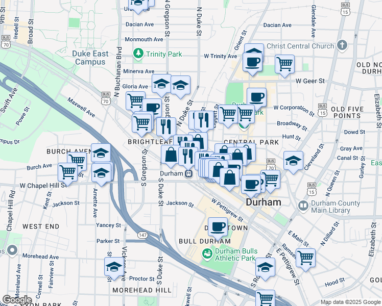 map of restaurants, bars, coffee shops, grocery stores, and more near 601 West Morgan Street in Durham