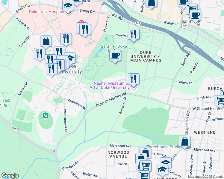 map of restaurants, bars, coffee shops, grocery stores, and more near 2127 Campus Drive in Durham