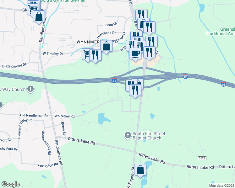 map of restaurants, bars, coffee shops, grocery stores, and more near 201 Village Loop Road in Greensboro