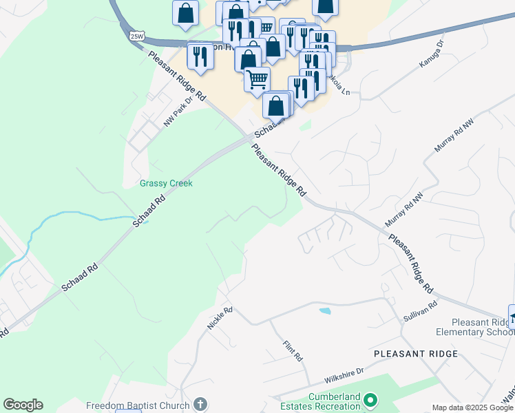 map of restaurants, bars, coffee shops, grocery stores, and more near 6434 Grapevine Lane Northwest in Knoxville