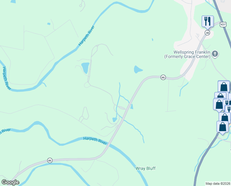 map of restaurants, bars, coffee shops, grocery stores, and more near 2400 Hidden River Lane in Franklin