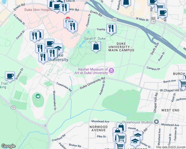 map of restaurants, bars, coffee shops, grocery stores, and more near 2127 Campus Drive in Durham