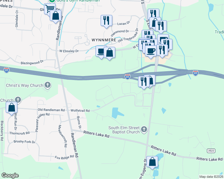 map of restaurants, bars, coffee shops, grocery stores, and more near 132 Wolfetrail Road in Greensboro