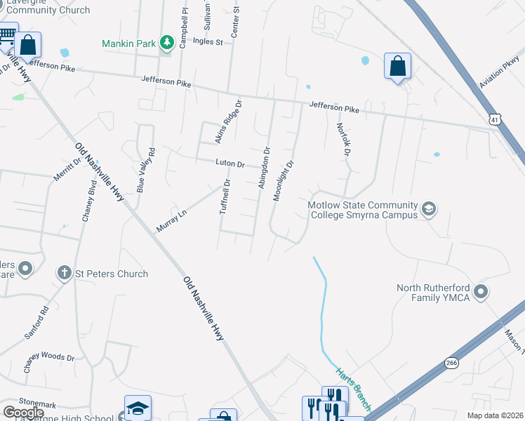 map of restaurants, bars, coffee shops, grocery stores, and more near 2051 Abingdon Drive in La Vergne