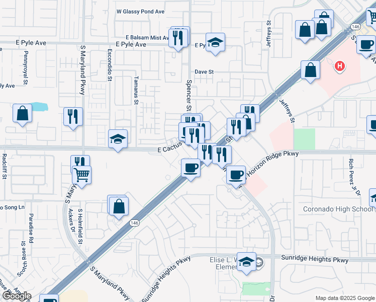 map of restaurants, bars, coffee shops, grocery stores, and more near 10465 Spencer Street in Henderson