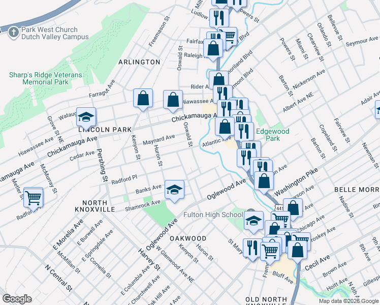 map of restaurants, bars, coffee shops, grocery stores, and more near 1018 Atlantic Avenue in Knoxville