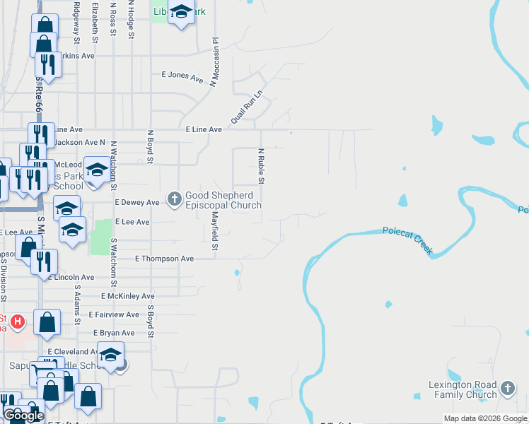 map of restaurants, bars, coffee shops, grocery stores, and more near 1707 East Lee Avenue in Sapulpa
