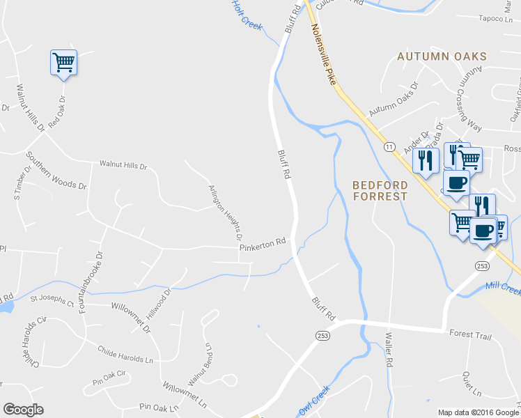 map of restaurants, bars, coffee shops, grocery stores, and more near 915 Bluff Road in Brentwood