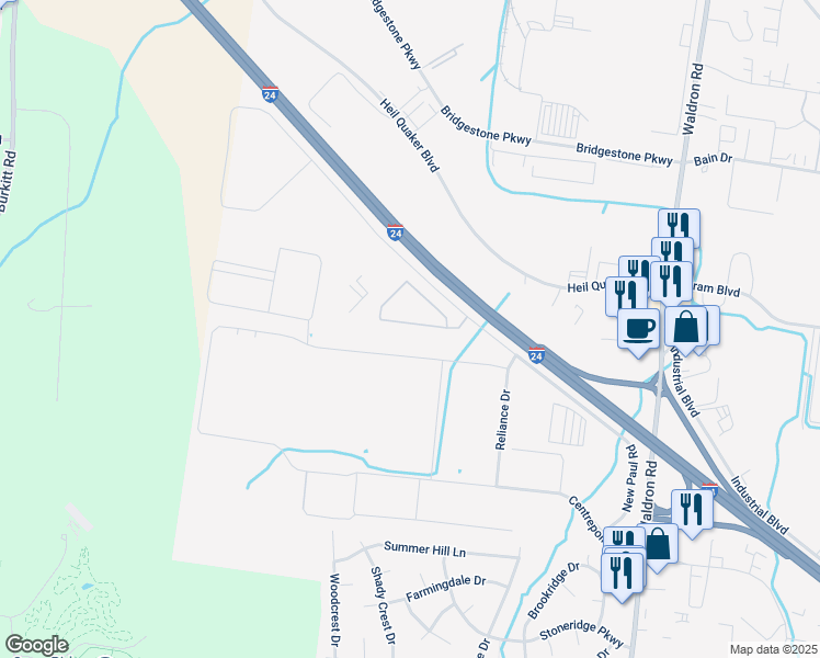 map of restaurants, bars, coffee shops, grocery stores, and more near 308 Madison Drive in La Vergne