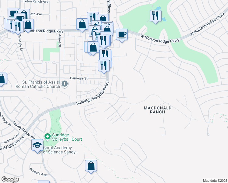 map of restaurants, bars, coffee shops, grocery stores, and more near 755 Glowing Horizon Street in Henderson