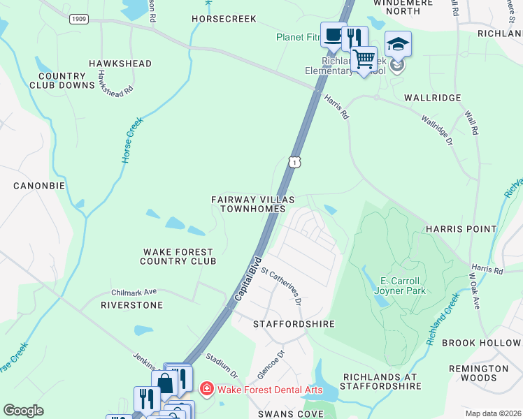 map of restaurants, bars, coffee shops, grocery stores, and more near 1114 Fairway Villas Drive in Wake Forest