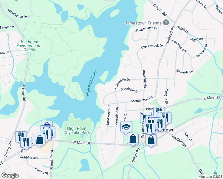 map of restaurants, bars, coffee shops, grocery stores, and more near 517 Mendenhall Road in Jamestown
