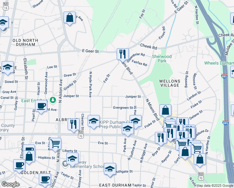 map of restaurants, bars, coffee shops, grocery stores, and more near 1331 Juniper Street in Durham