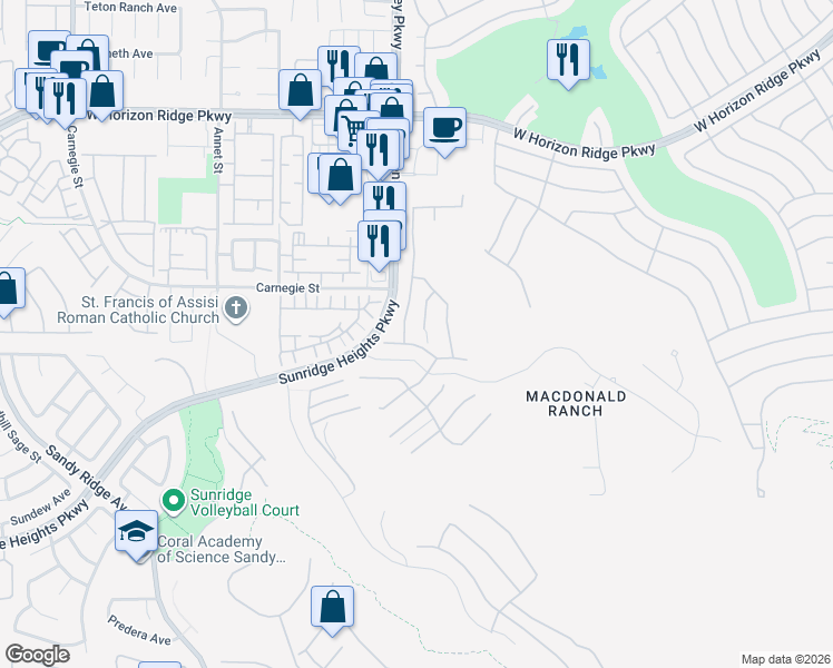 map of restaurants, bars, coffee shops, grocery stores, and more near 755 Glowing Horizon Street in Henderson