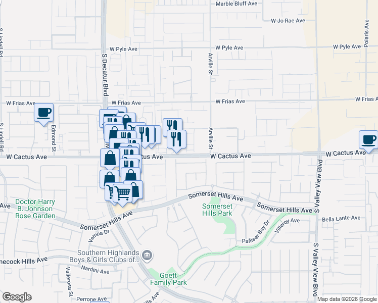 map of restaurants, bars, coffee shops, grocery stores, and more near 4458 Verdiccio Avenue in Las Vegas
